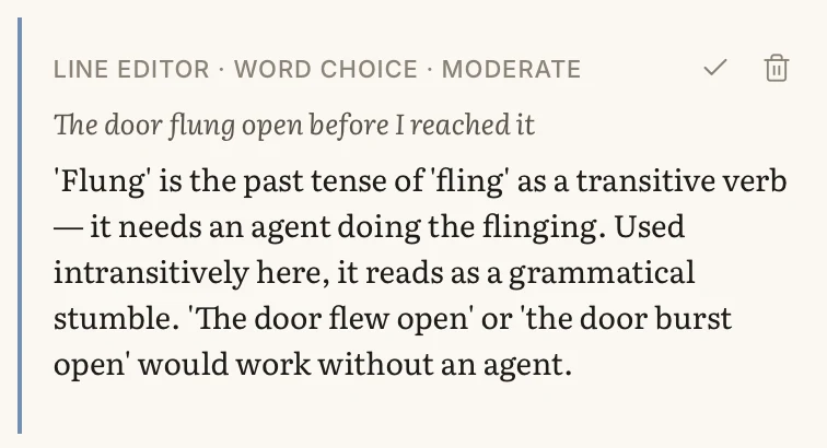 A Line Editor note tagged Word choice, Moderate