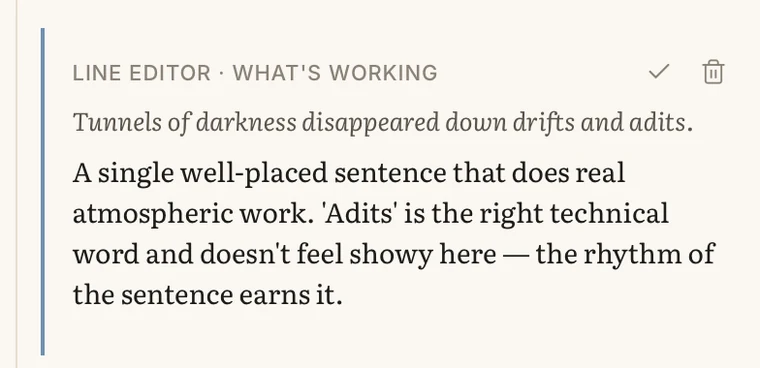 A Line Editor note tagged What's working