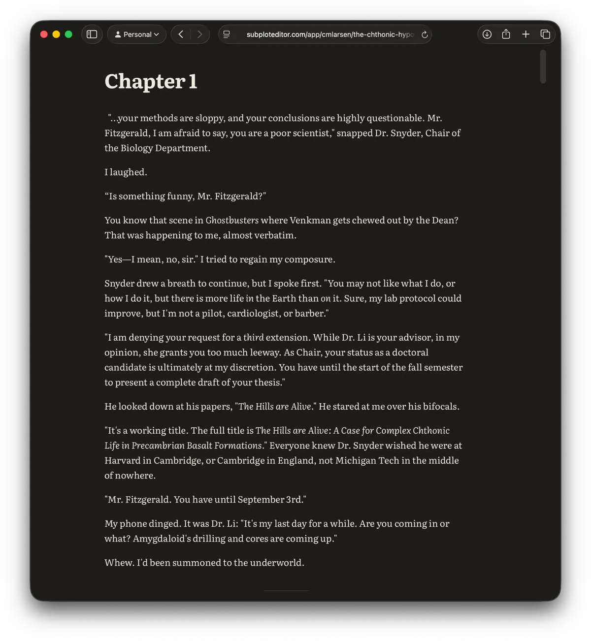 Focus Mode — a clean editor with no sidebar or panels, just the chapter text